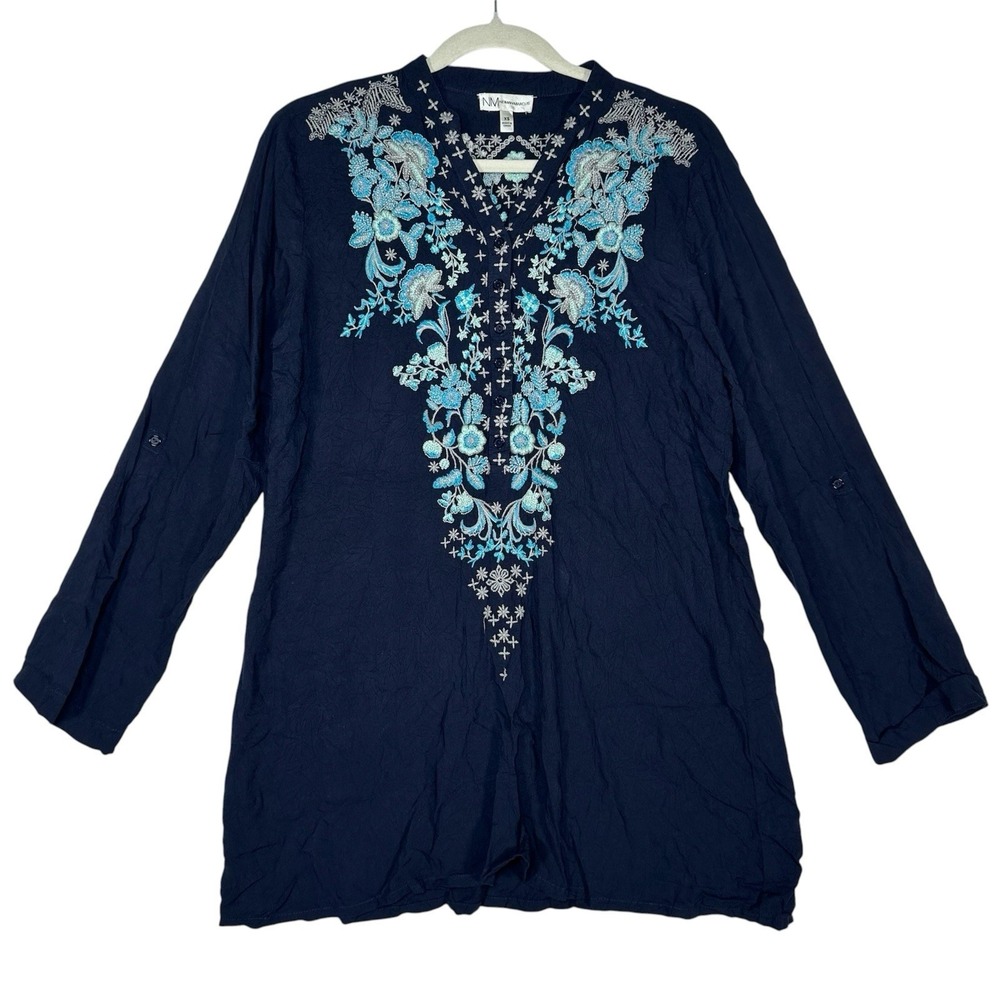 Neiman Marcus Womens XS Tunic Top Navy Blue Embroidered Floral Rayon Boho‎ Shirt